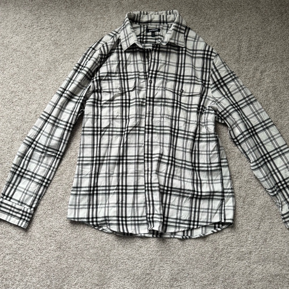 Express - White Black Plaid Button-Down Shirt - Small